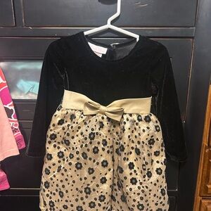 Bonnie Baby Black Velvet & Gold Floral Bow Dress